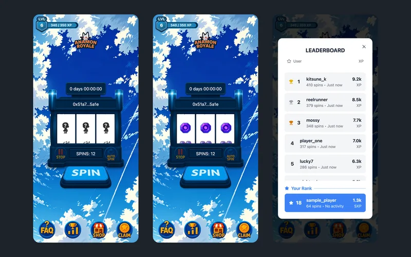 Three phone screens of the Anamon Royale slot mini-game with sample data: the machine signed in with level, XP, a wallet address and 12 spins left; a three-of-a-kind result; and the leaderboard with the player's own rank pinned at the bottom