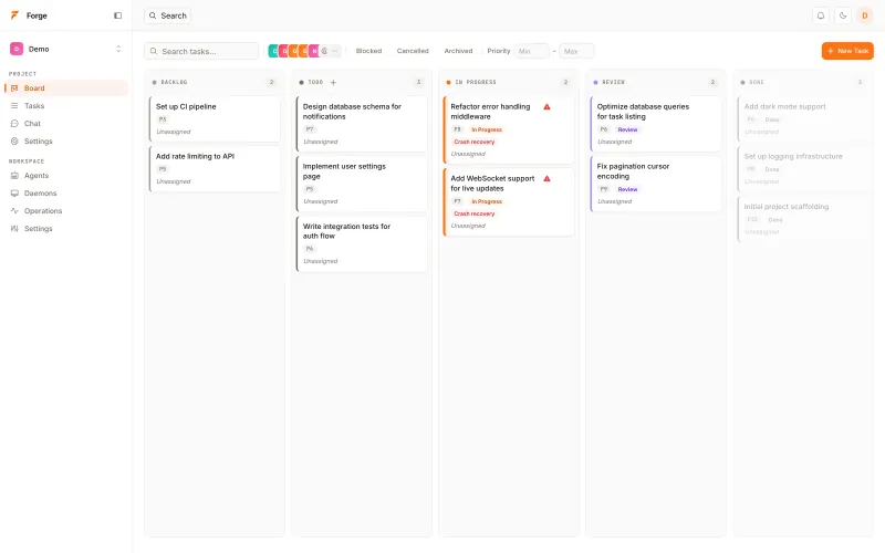 Forge web UI showing a board of coding-agent tasks moving through backlog, todo, in progress, review and done