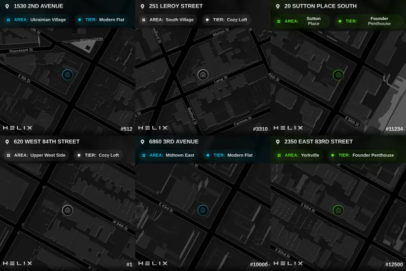 Six HELIX land parcel images: dark 3D city maps of Manhattan blocks, each with a street address, an area, a tier in grey, cyan or green, the HELIX wordmark and a token number