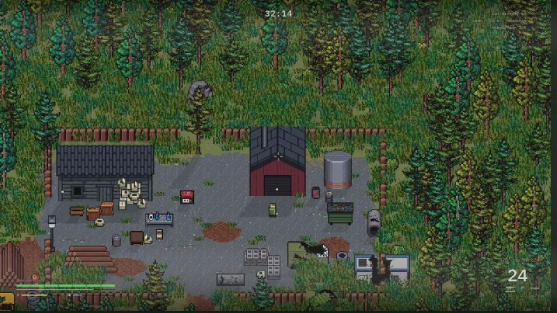 Zerkov, a top-down pixel-art extraction game, showing a forest compound with a raid timer and ammunition HUD